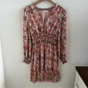 Max Studio Geometric Floral Print Smocked Waist Dress Pink Romantic Boho Floral